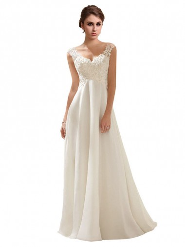 A-Line V-Neck Soft Chiffon & Lace Sweep Train Ivory Wedding Dress Barrie