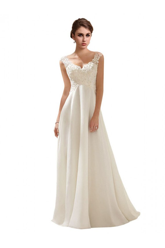 A-Line V-Neck Soft Chiffon & Lace Sweep Train Ivory Wedding Dress Barrie