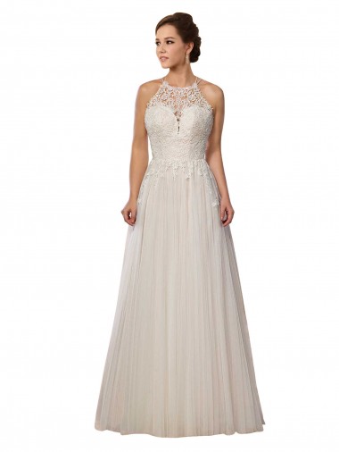 A-Line Illusion Neck Tulle Sweep Train Ivory Wedding Dress Barrie