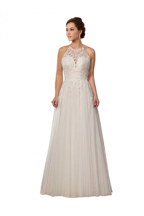 A-Line Illusion Neck Tulle Sweep Train Ivory Wedding Dress Barrie