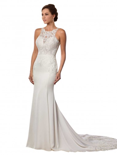Sheath High Neck Lace Chapel Train Ivory Modern Wedding Dress Barrie