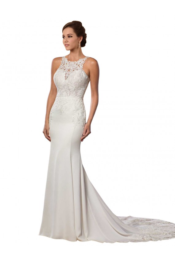 Sheath High Neck Lace Chapel Train Ivory Modern Wedding Dress Barrie