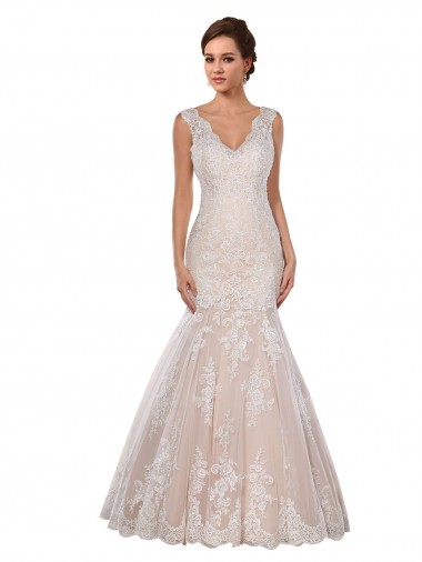Mermaid V-Neck Lace Chapel Train Ivory & Champagne Modern Wedding Dress Barrie