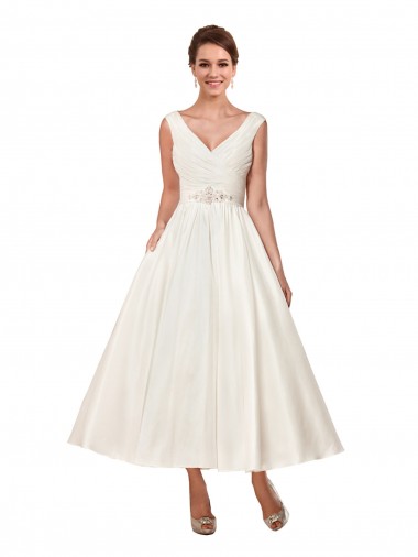 A-Line V-Neck Satin Ankle Length Ivory Wedding Dress Barrie