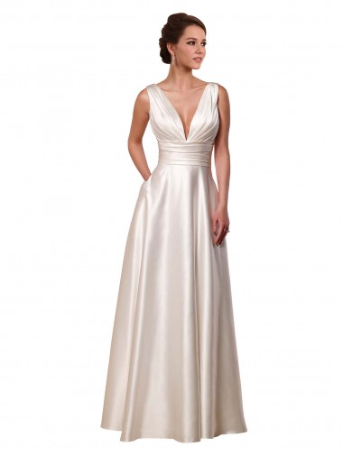 A-Line V-Neck Satin Chapel Train Ivory Wedding Gowns Barrie