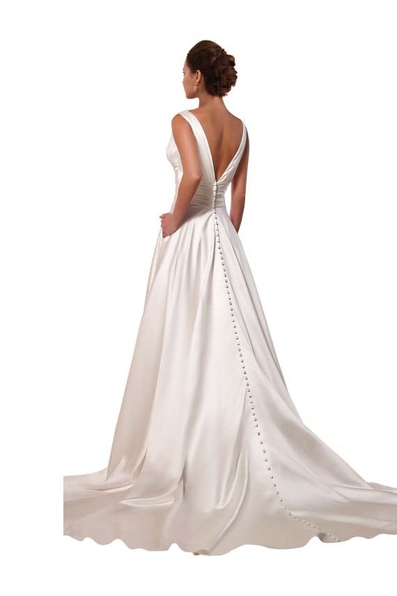A-Line V-Neck Satin Chapel Train Ivory Wedding Gowns Barrie