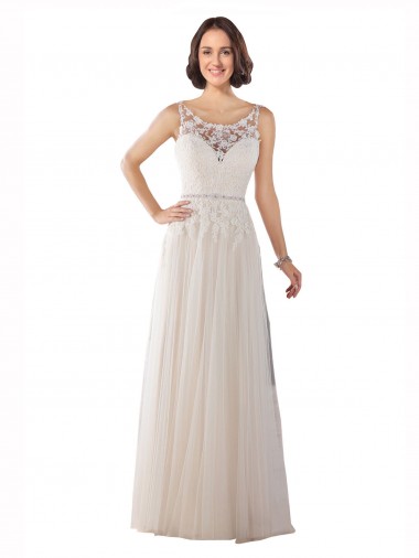 A-Line Illusion Neck Tulle Sweep Train Ivory & Champagne Boho Wedding Dress Barrie