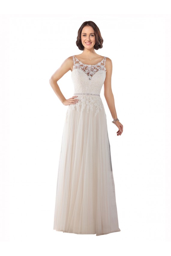 A-Line Illusion Neck Tulle Sweep Train Ivory & Champagne Boho Wedding Dress Barrie