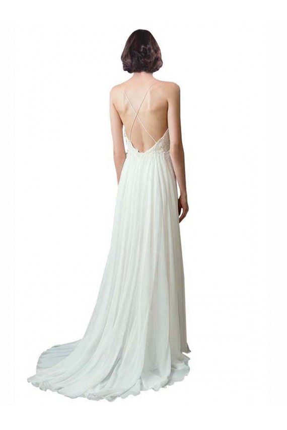 A-Line V-Neck Soft Chiffon & Lace Chapel Train Ivory Beach Wedding Dress Barrie
