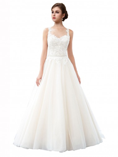 A-Line Illusion Neck Tulle & Lace Cathedral Train Ivory Beach Wedding Dress Barrie