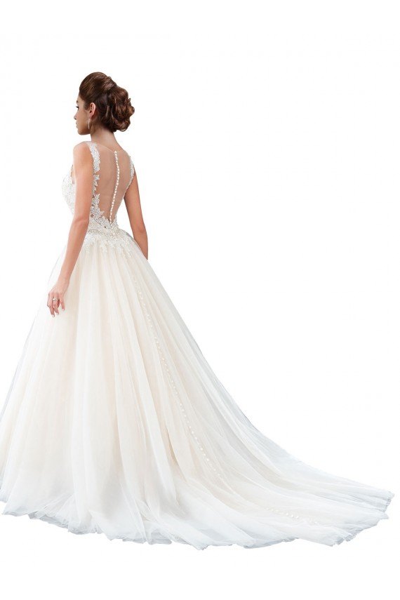 A-Line Illusion Neck Tulle & Lace Cathedral Train Ivory Beach Wedding Dress Barrie