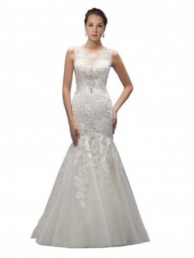 Mermaid Illusion Neck Tulle & Lace Sweep Train Ivory Wedding Dress Barrie