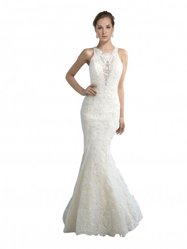 Mermaid Illusion Neck Tulle Chapel Train Ivory Beach Wedding Dress Barrie