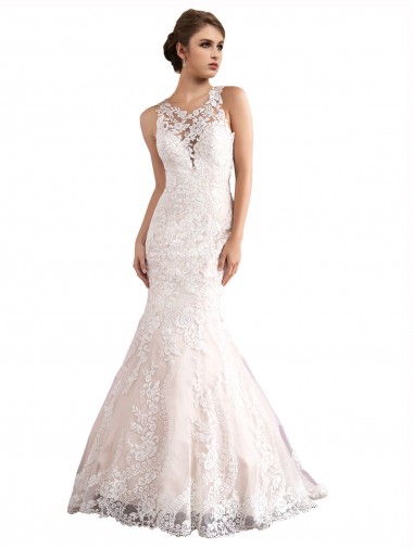 Mermaid Illusion Neck Tulle & Lace Cathedral Train Ivory & Champagne Wedding Dress Barrie