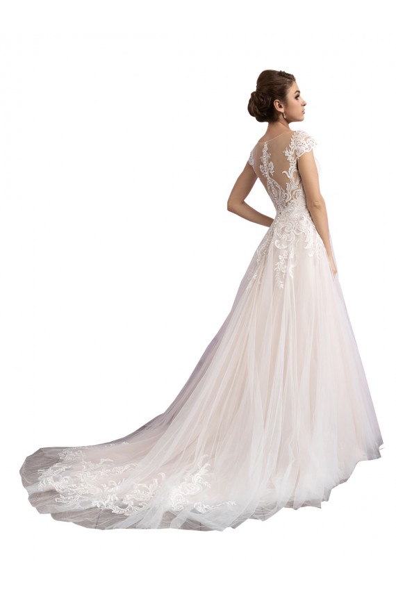 A-Line Illusion Neck Tulle & Lace Cathedral Train Ivory & Champagne Beach Wedding Dress Barrie