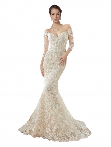 Mermaid Off the Shoulder Tulle & Lace Chapel Train Ivory & Champagne Wedding Dress Barrie