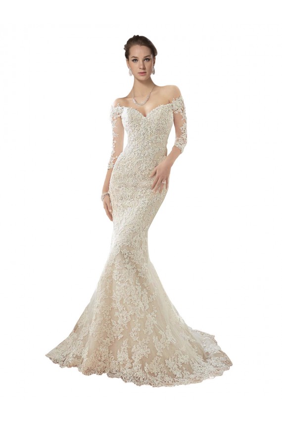 Mermaid Off the Shoulder Tulle & Lace Chapel Train Ivory & Champagne Wedding Dress Barrie