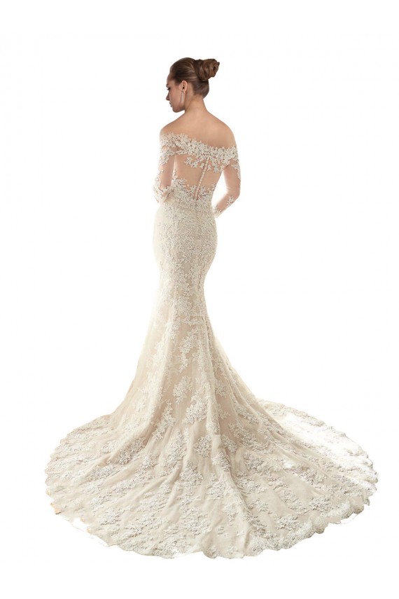 Mermaid Off the Shoulder Tulle & Lace Chapel Train Ivory & Champagne Wedding Dress Barrie