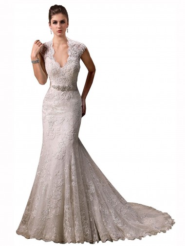 Mermaid V-Neck Lace Chapel Train Ivory Wedding Dresses Barrie