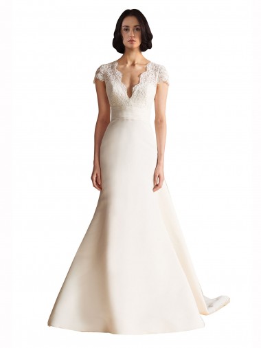 A-Line V-Neck Satin Chapel Train Ivory Wedding Dress Barrie