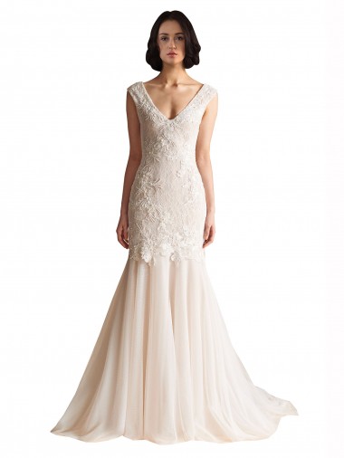 Mermaid V-Neck Tulle Sweep Train Ivory & Champagne Wedding Dress Barrie