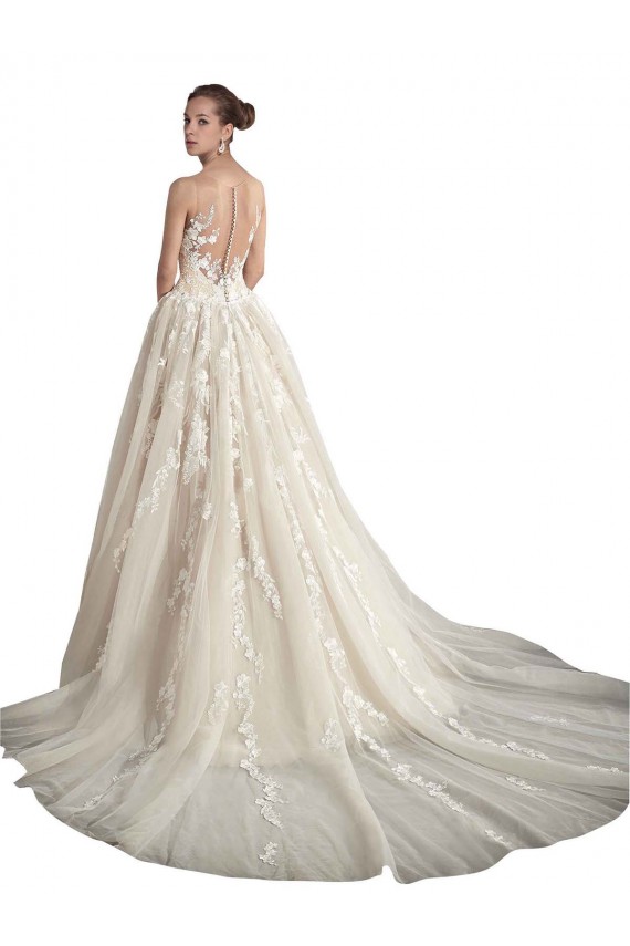 A-Line Illusion Neck Tulle Chapel Train Ivory & Champagne Wedding Dress Barrie