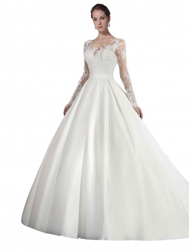 A-Line Illusion Neck Satin & Lace Cathedral Train White Wedding Dress Barrie