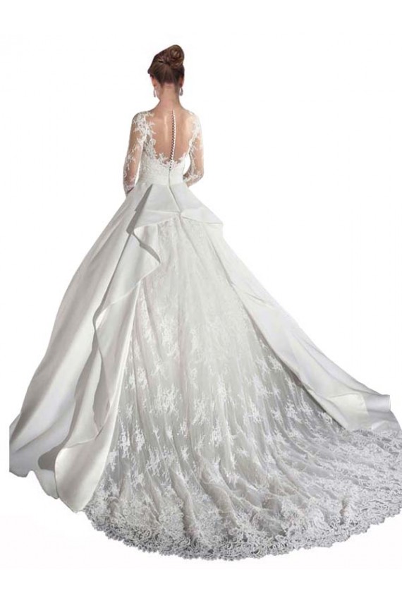 A-Line Illusion Neck Satin & Lace Cathedral Train White Wedding Dress Barrie