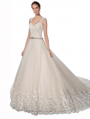 A-Line Sweetheart Tulle & Lace Chapel Train Ivory & Champagne Wedding Dress Barrie