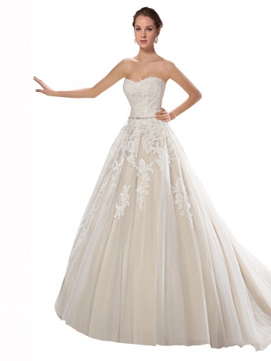 A-Line Strapless Tulle & Lace Chapel Train Ivory & Champagne Wedding Dress Barrie