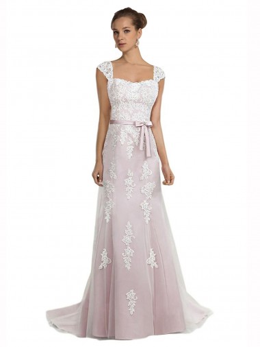 Mermaid Strapless Tulle & Lace Sweep Train Ivory & Pink Beach Wedding Dress Barrie