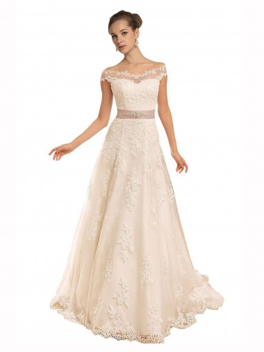 A-Line Off the Shoulder Lace Chapel Train Ivory Beach Wedding Dress Barrie