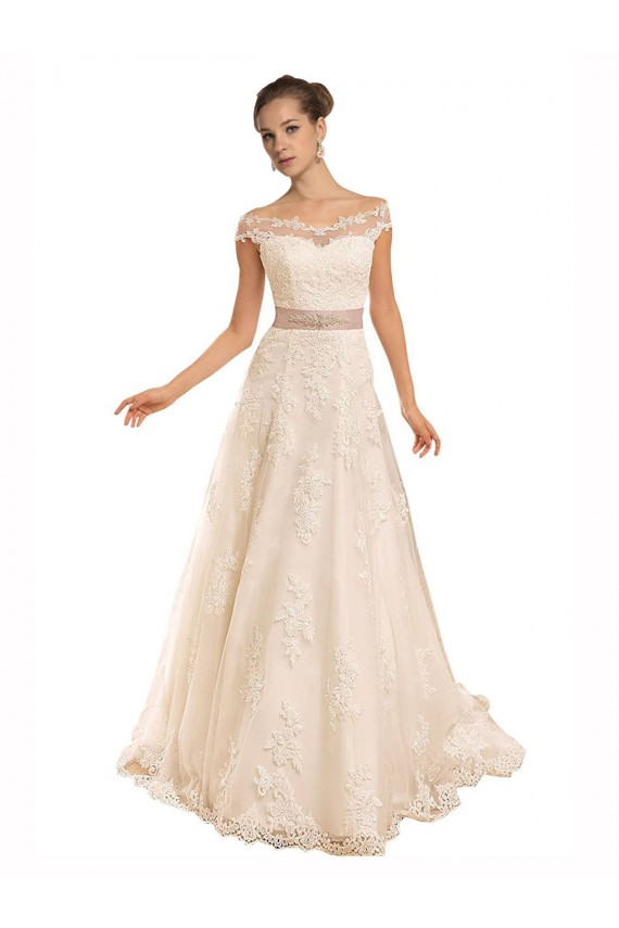 A-Line Off the Shoulder Lace Chapel Train Ivory Beach Wedding Dress Barrie