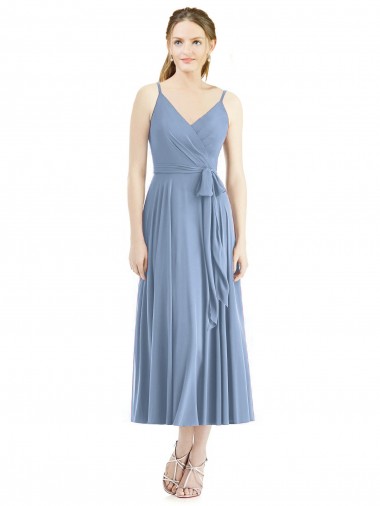 A-Line Spaghetti Straps Soft Chiffon Tea Length Dusty Blue Bridesmaid Dress Barrie