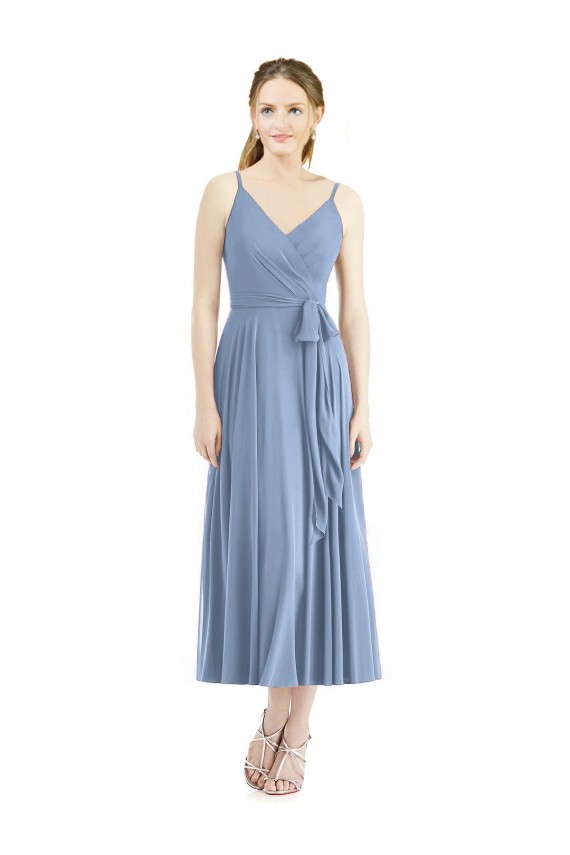 A-Line Spaghetti Straps Soft Chiffon Tea Length Dusty Blue Bridesmaid Dress Barrie