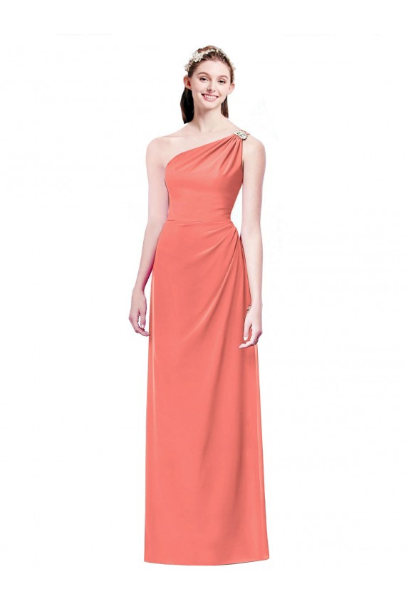 A-Line One Shoulder Soft Chiffon Long Coral Bridesmaid Dress Barrie