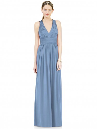 A-Line V-Neck Chiffon Long Dusty Blue Bridesmaid Gowns Barrie