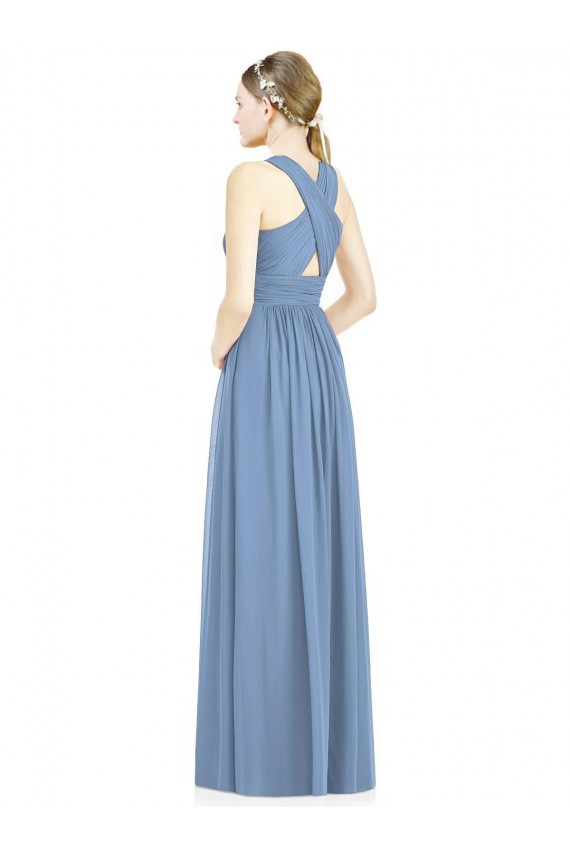 A-Line V-Neck Chiffon Long Dusty Blue Bridesmaid Gowns Barrie