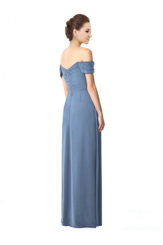 A-Line Off the Shoulder Soft Chiffon Long Dusty Blue Bridesmaid Dress Barrie