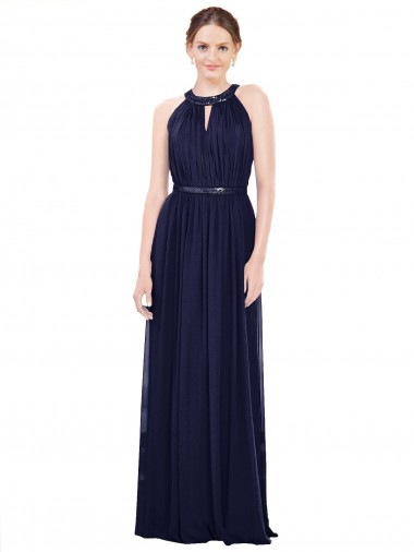 A-Line High Neck Soft Chiffon Long Dark Navy Bridesmaid Dress / Formal Dress Barrie