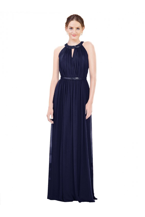 A-Line High Neck Soft Chiffon Long Dark Navy Bridesmaid Dress / Formal Dress Barrie