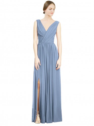 A-Line V-Neck Soft Chiffon Long Dusty Blue Semi Formal Evening Dress / Bridesmaid Dress Barrie