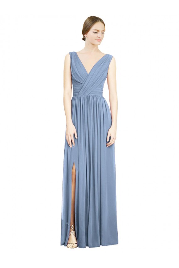 A-Line V-Neck Soft Chiffon Long Dusty Blue Semi Formal Evening Dress / Bridesmaid Dress Barrie