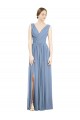 A-Line V-Neck Soft Chiffon Long Dusty Blue Semi Formal Evening Dress / Bridesmaid Dress Barrie