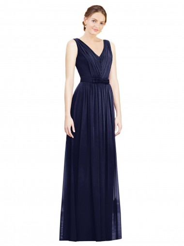 A-Line V-Neck Chiffon Long Dark Navy Bridesmaid Gowns Barrie