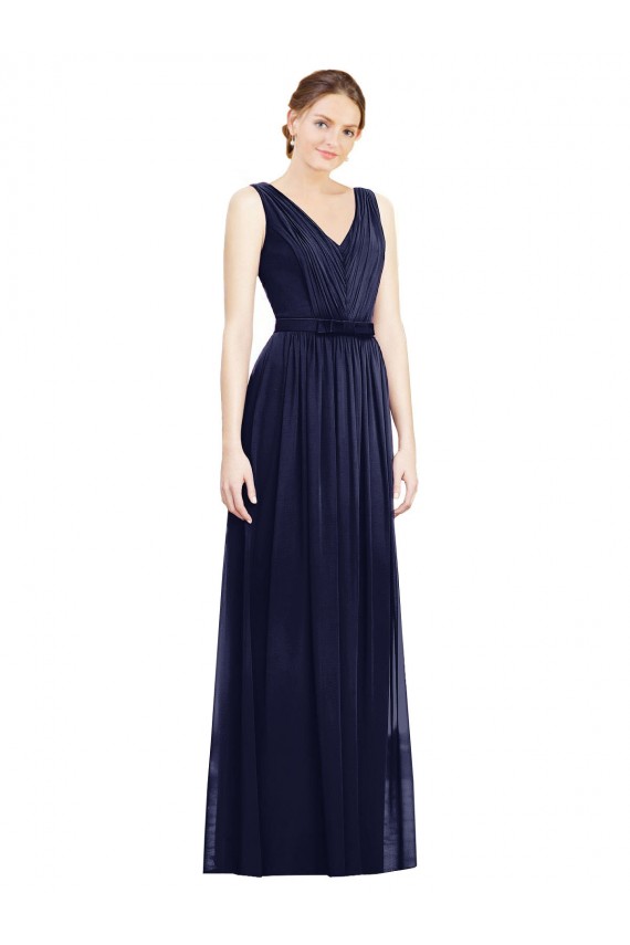 A-Line V-Neck Chiffon Long Dark Navy Bridesmaid Gowns Barrie