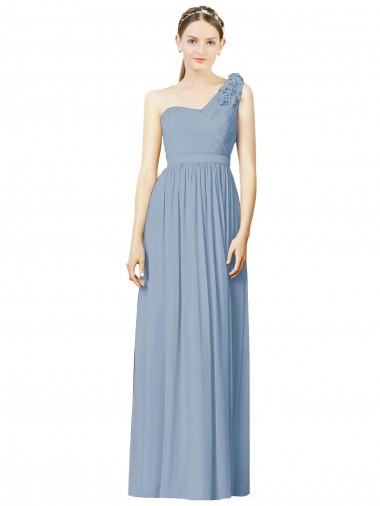 A-Line One Shoulder Soft Chiffon Long Dusty Blue Bridesmaid Dress Barrie