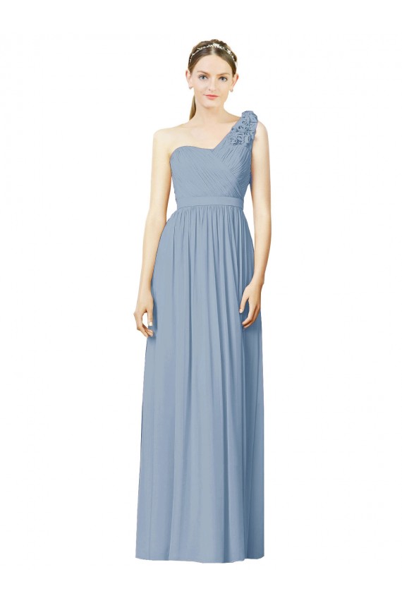 A-Line One Shoulder Soft Chiffon Long Dusty Blue Bridesmaid Dress Barrie