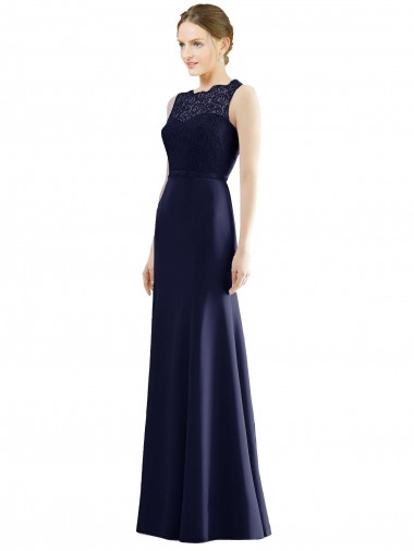 Mermaid Illusion Neck Soft Chiffon & Lace Long Dark Navy Bridesmaid Dress Barrie
