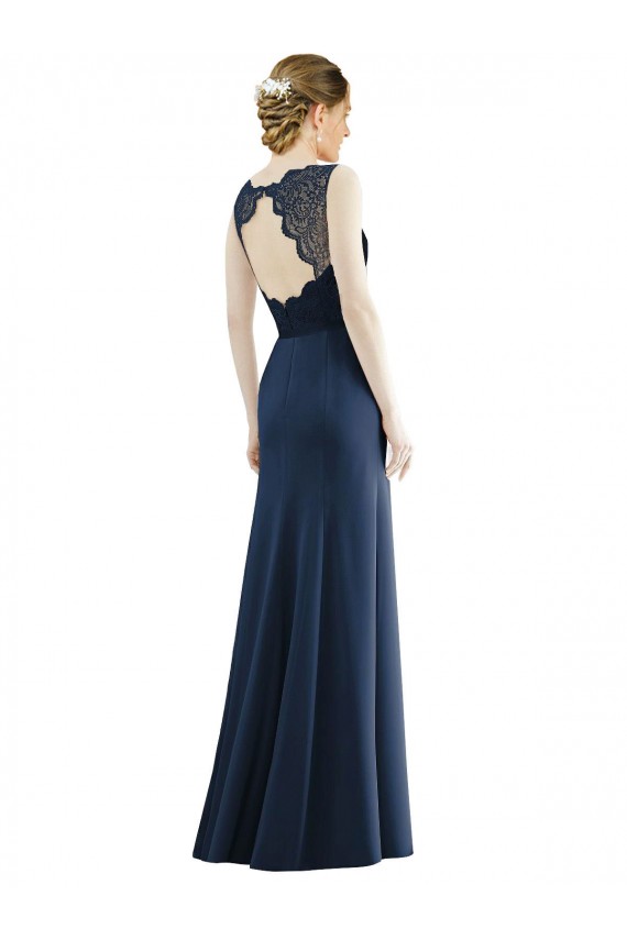 Mermaid Illusion Neck Soft Chiffon & Lace Long Dark Navy Bridesmaid Dress Barrie